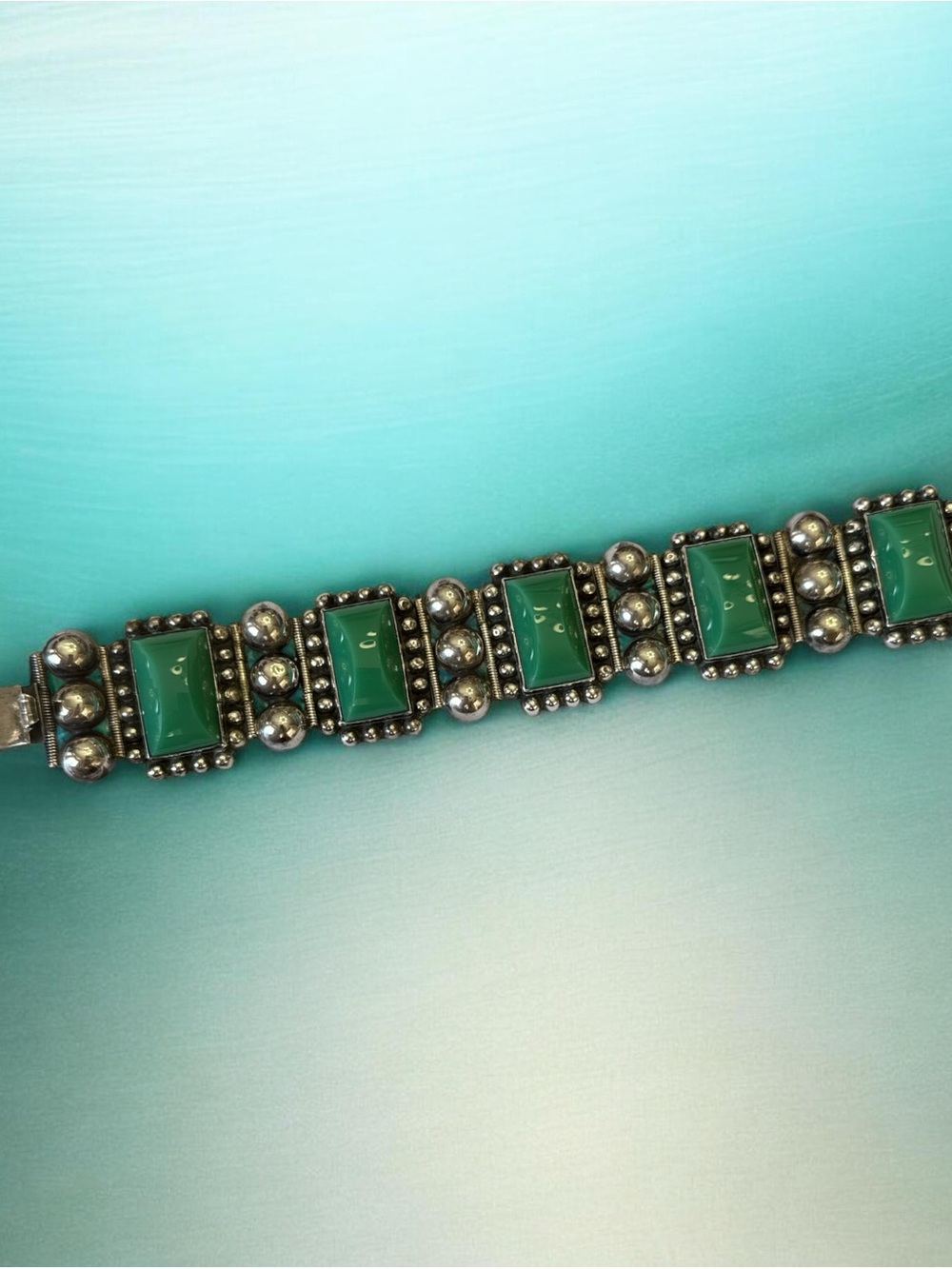 VTG Taxco 980 Sterling Silver Green Onyx Panel Bracelet - Heavy 62g